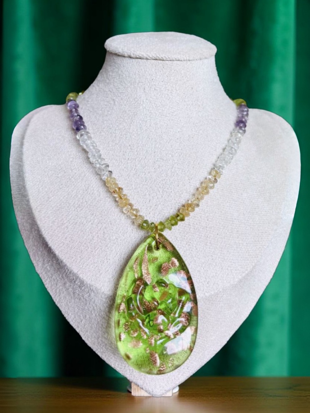 One of a kind Green Glass flower Teardrop Pendant Necklace with Amethyst Beaded